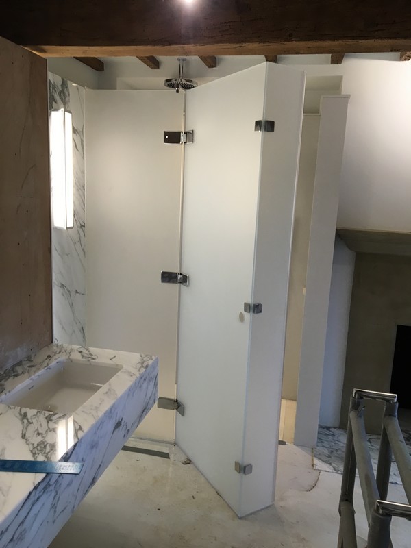 Bespoke frosted glass shower enclosure in Sydenham luxury bathroom